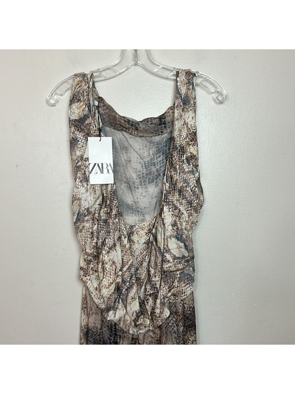 Zara Sleeveless Snake Print Satin Draped Low Back Midi Summer Dress - Picture 14 of 15